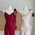 Spaghetti Straps Cowl Neck Rose Trimmed Split-Leg Satin Dress
